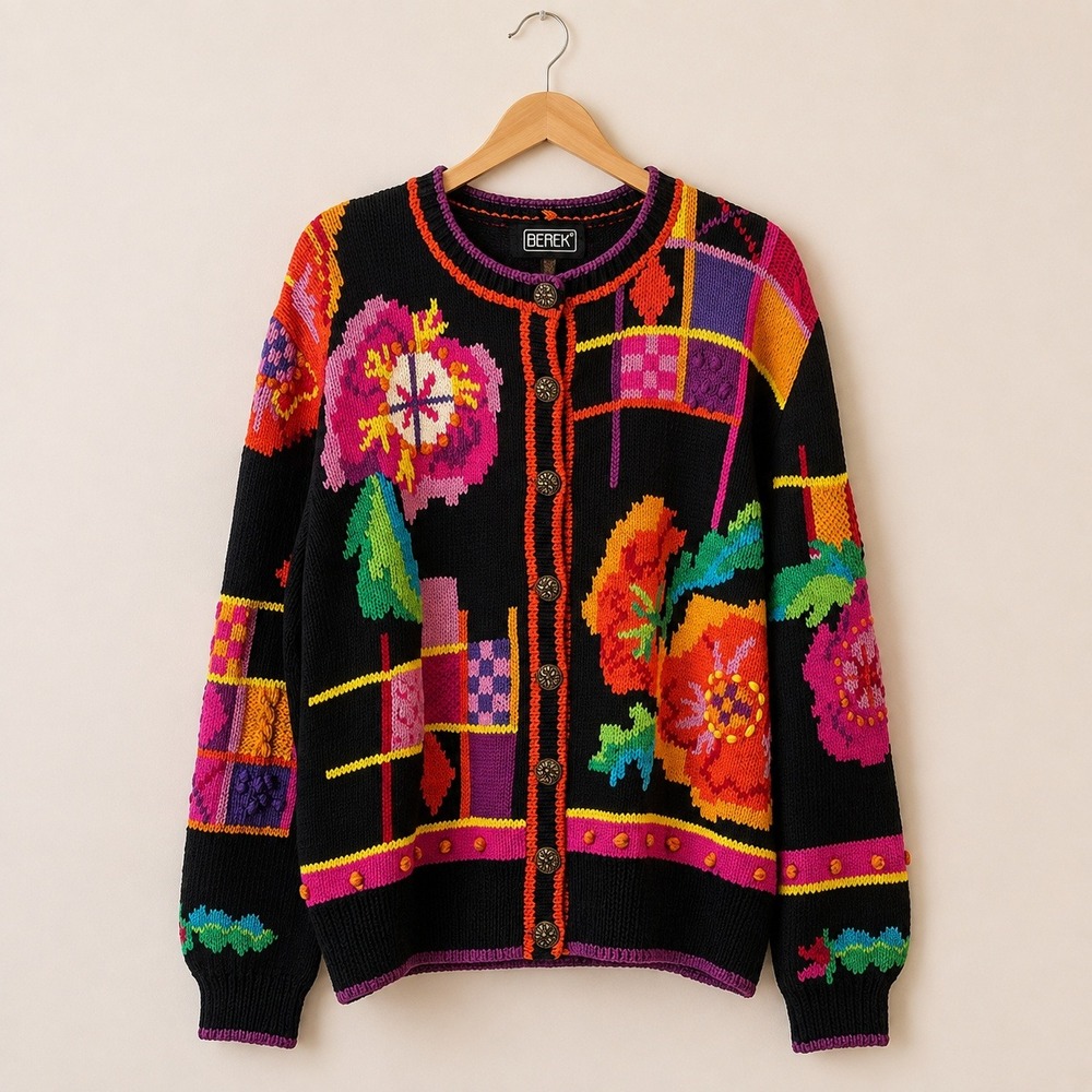Berek Vintage 90s Grannycore Floral Cardigan Womens Small Art To Wear Pima Knit